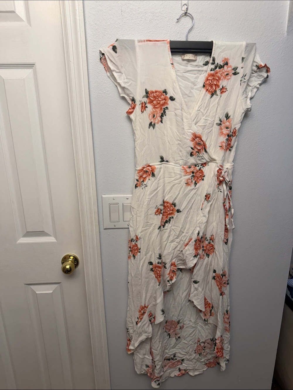 Altar'd State White Maxi Wrap Dress with Coral Floral Print